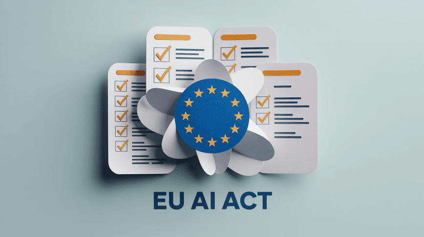 EU AI Act compliance illustration showing business professionals reviewing AI governance requirements with European Union visual elements