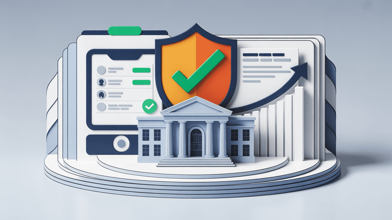 Financial services office with compliance documentation and security controls