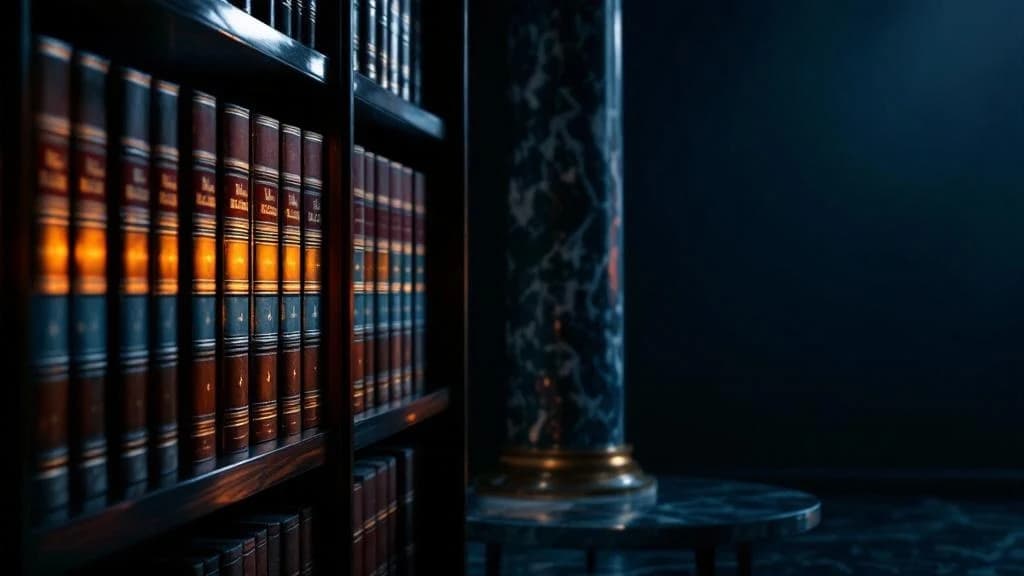 Editorial photograph: leather-bound legal volumes on dark mahogany law-library shelves, lit by a single brass library lamp