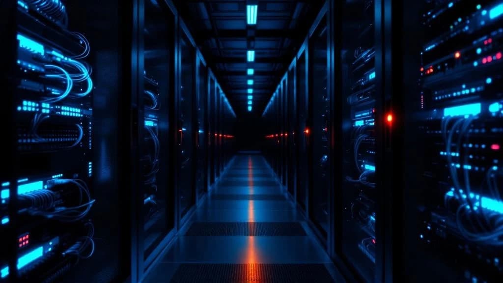Editorial photograph: server rack with cabling in a dimly lit data center corridor, single amber status LED glowing as accent